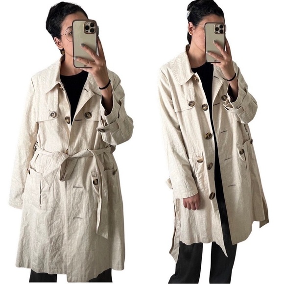 MARKS & SPENCER PER UNA 100% Linen Belted Trench Coat Beige Large - Picture 1 of 4